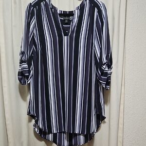 Women's Striped V-Neck Tunic Top - Navy & White